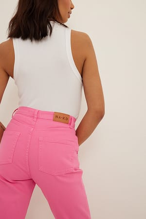Pink High Waist Curved Pocket Denim