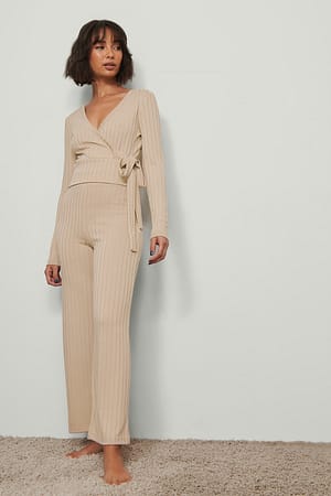 Beige Sand High Waist Ribbed Pants