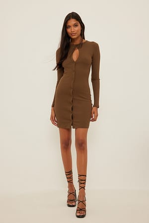 Brown Keyhole Button Detail Dress