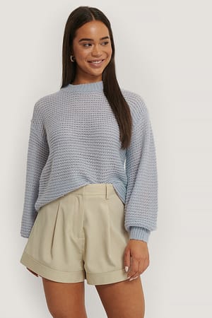 Light Blue Knitted Balloon Sleeve Sweater