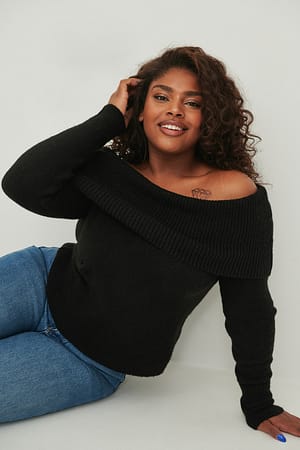 Black Gebreide gevouwen trui met off-shoulder