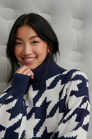 Navy Comb Knitted High Neck Sweater