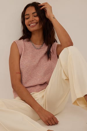 Pink Melange Knitted Round Neck Vest