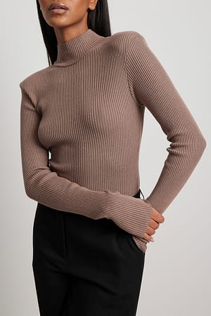 Taupe Knitted Shoulder Pads Sweater