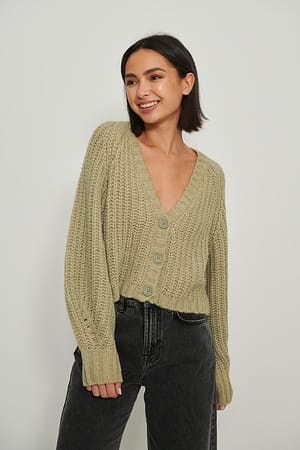Light Khaki Knitted V-Neck Cardigan