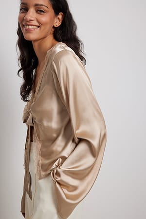 Champagne Lace Detail Tie Front Blouse