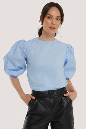 Light Blue Large Cuff Puff Cotton Blouse