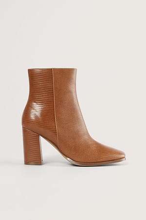 Brown Lizzard Block Heel Boots
