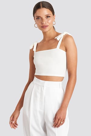 Beige Long Bow Tie Crop Top