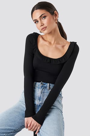 Black Long Sleeve Flounce Detail Top