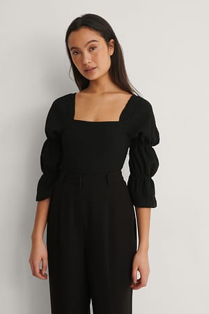 Black Smock-Bluse Mit Langen Ärmeln