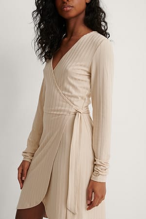 Beige Long Sleeve Wrap Dress