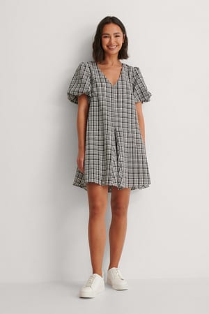 Black Check Puffy Sleeve Dress