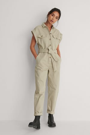 Light Khaki Melange Button Denim Jumpsuit