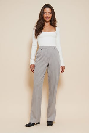 Beige Stripe Pinstriped Slit Pants
