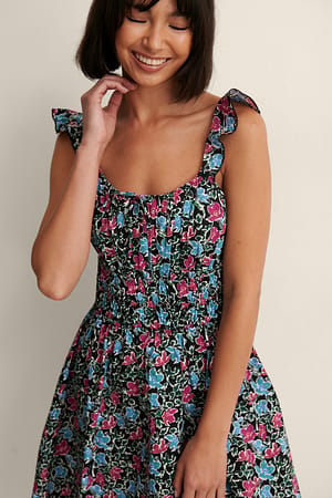 Black/Mixed Flowers Mini Shirred Cotton Dress