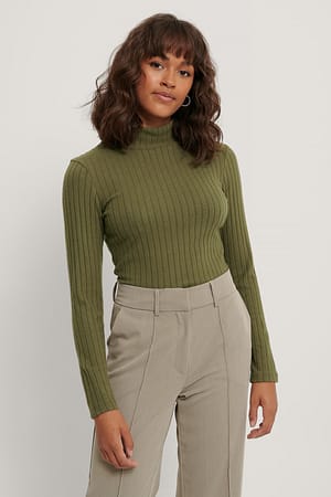Khaki Soft Ribbed Highneck Long Sleeve