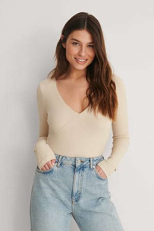 Beige Off-shoulder geribde top met lange mouwen