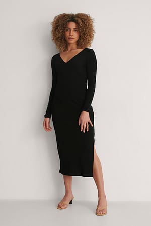 Black Off Shoulder Rib Dress