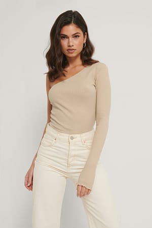Dark Beige Geripptes Jersey-Top mit einem Ärmel