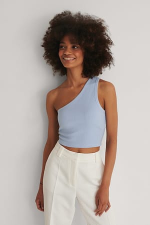Blue One Shoulder Crop Rib Top
