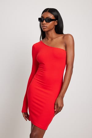 Red Einseitig schulterfreies Minikleid