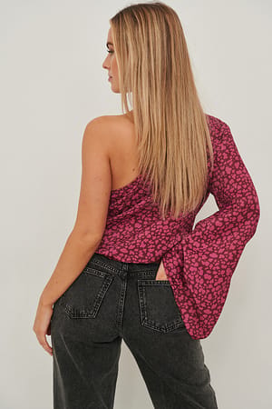 Pink Red Print One Shoulder LS Top