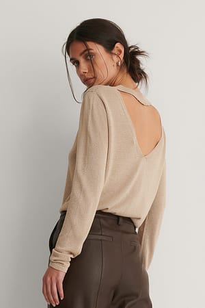 Beige Open Back Knitted Glitter Sweater