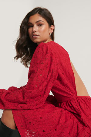 Red Open Back Balloon Sleeve Dress