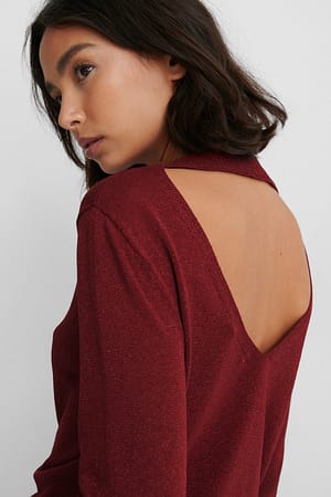Dark Red Open Back Knitted Glitter Sweater