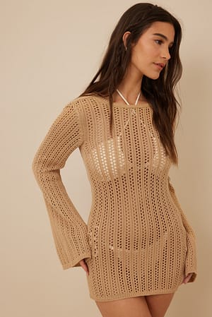 Beige Open Back Knitted Mini Dress