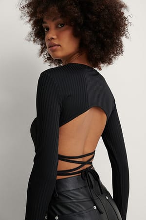 Black Open Back Rib Lace Detail Top