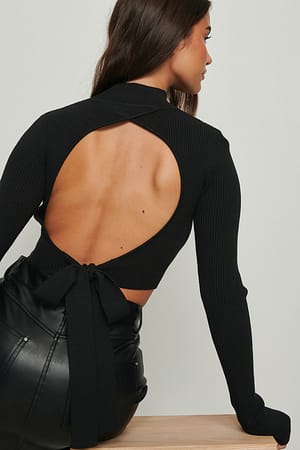 Black Ribgebreide trui met open rug