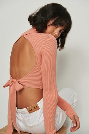 Pink Open Back Ribbed Knitted Sweater
