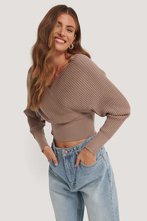 Nougat Gestrickter Wickelpullover Mit Breiter Rippung