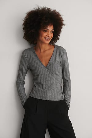 Grey Melange Overlap Ribbed Top