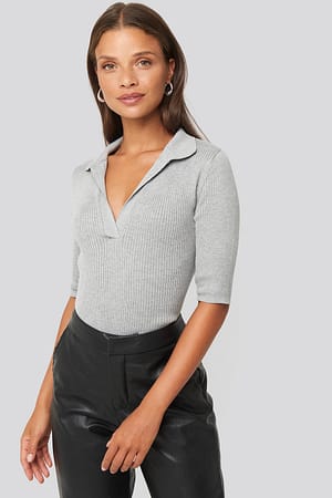 Grey Pique Collar Knitted Top