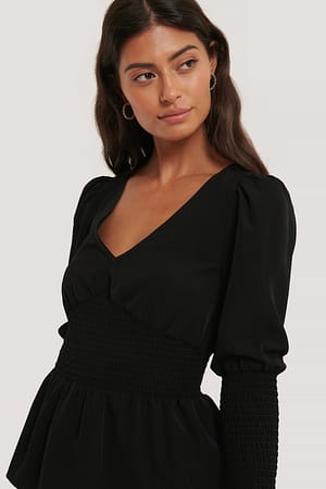 Black Puff Shoulder Smock Top