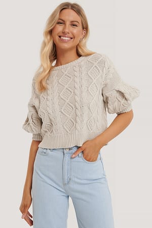 Beige Puff Sleeve Cable Knitted Sweater