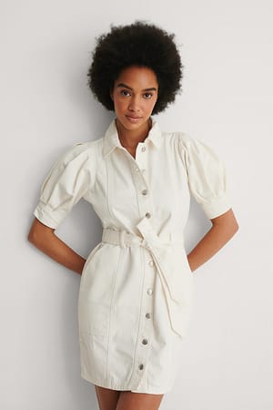 Beige Organische denimjurk met riem en pofmouwen