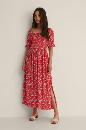 Red Flower Puff Sleeve Midi Dress