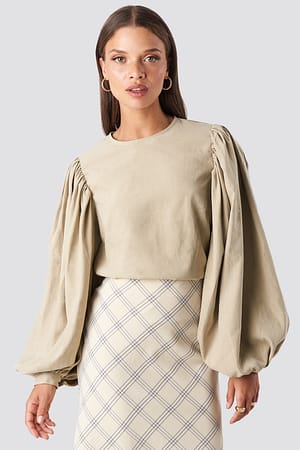 Beige Puff Sleeve Round Neck Top
