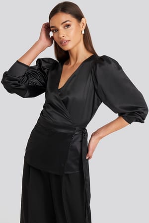 Deep Black Puff Sleeve Wrap Blouse