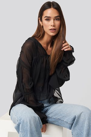 Black Puffy Sleeve Draped Chiffon Blouse