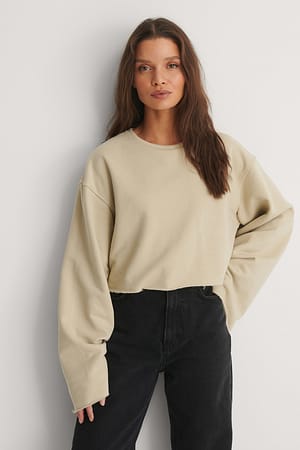 Beige Organische sweatshirt met wijde mouwen en kniprand