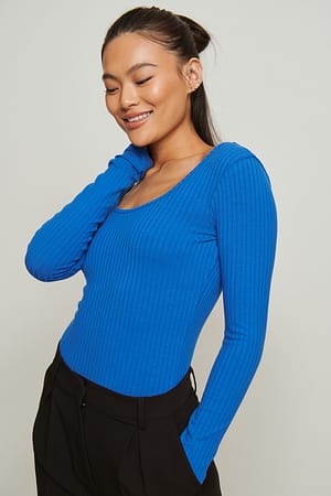 Bright Blue Deep Round Neck Rib Top