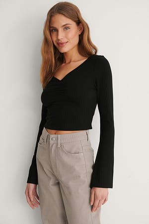 Black Recycled Front Rouched Trumpet Sleeve Top