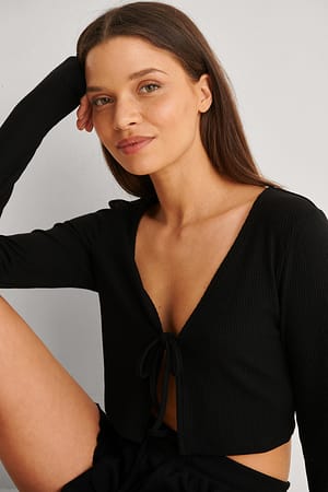 Black Front Tie Ribbed Loungewear Top