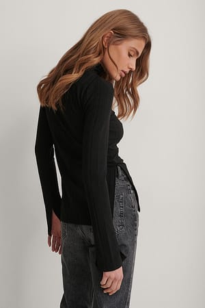 Black Recycled High Neck Slit Top