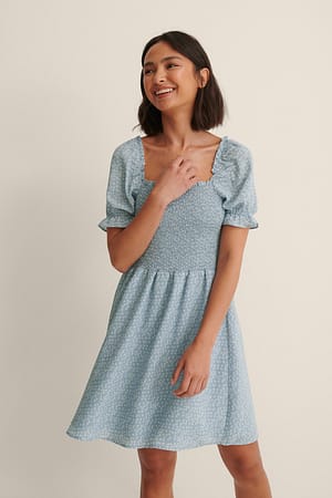 Light Blue White Floral Printed Smock Dress